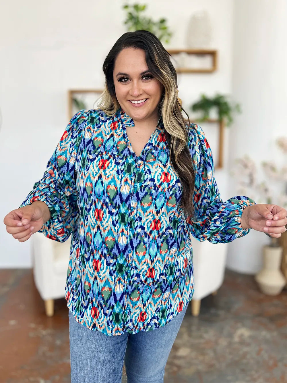 Image of Double Take Full Size Printed Balloon Sleeve Blouse | Queeble.shop