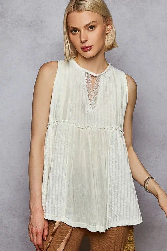 Image of POL Lace Trim Round Neck Tank with Pintuck Detail | Queeble.shop