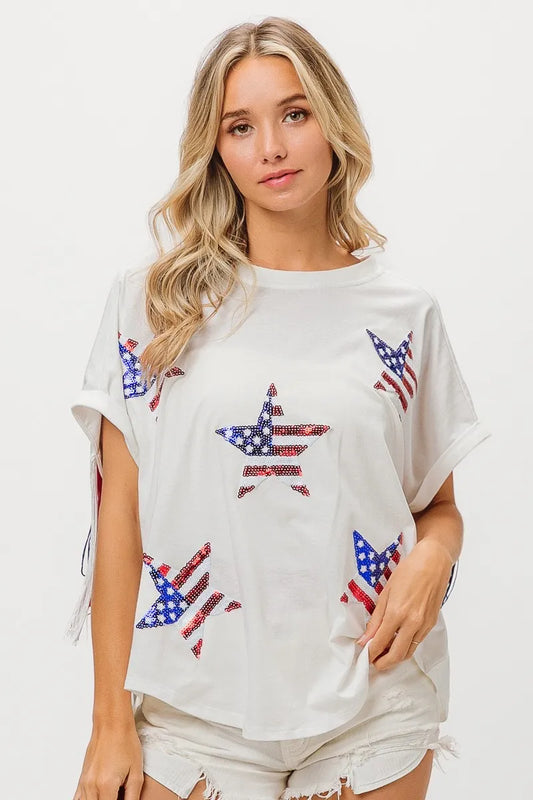 Image of BiBi American Flag Sequin Star Fringe Top | Queeble.shop