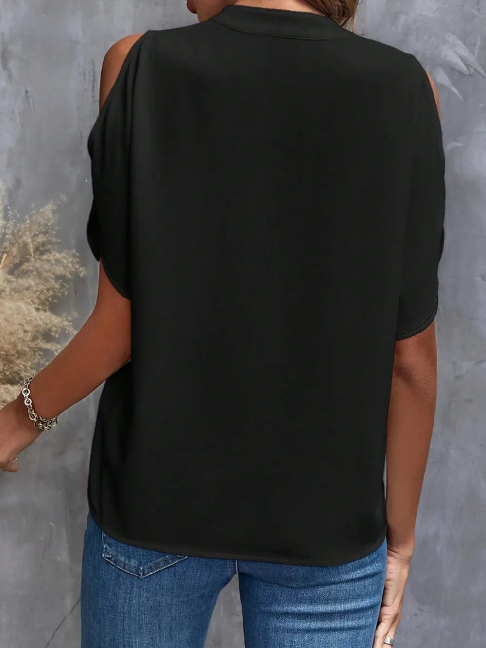 Image of Notched Cold Shoulder Blouse | Queeble.shop