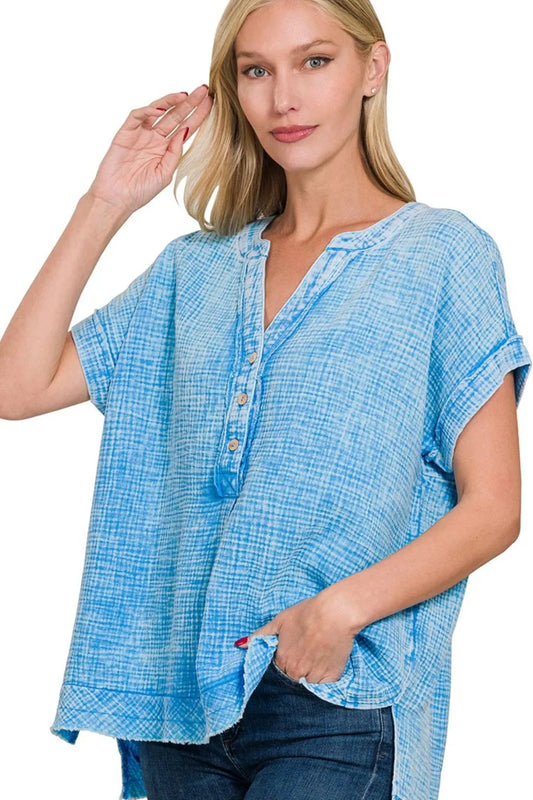 Image of Zenana Washed Double Gauze 3/4 Button Henley Neck Shirt | Queeble.shop