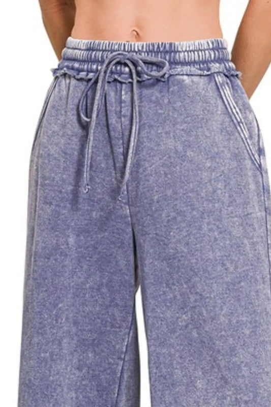 Image of Zenana Acid Wash Fleece Palazzo Sweatpants with Pockets | Queeble.shop