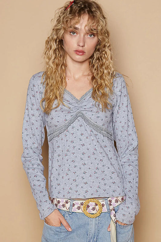 Image of POL Floral V-Neck Long Sleeve T-Shirt | Queeble.shop