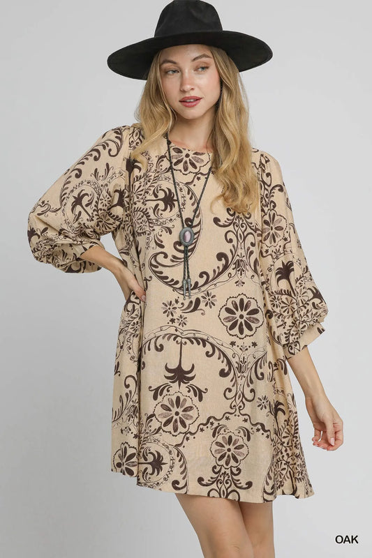 Image of Umgee Boho Printed Balloon Sleeve Mini Dress | Queeble.shop