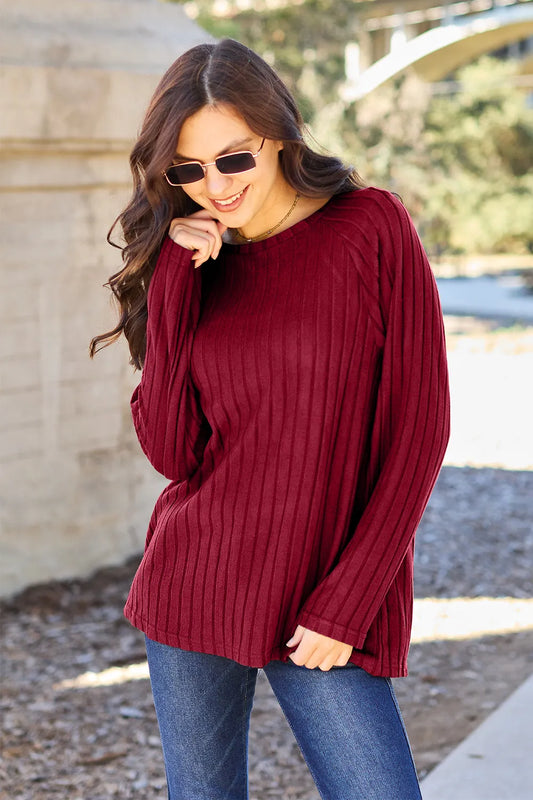 Image of Basic Bae Full Size Ribbed Round Neck Long Sleeve Knit Top | Queeble.shop