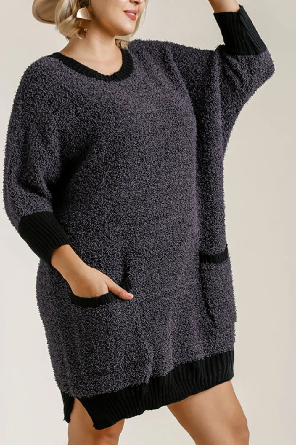 Image of Umgee Full Size Ribbed Hem Round Neck 3/4 Sleeve Sweater Dress with Pockets Plus Size | Queeble.shop