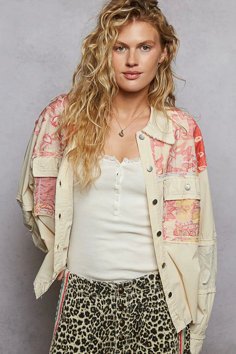 Image of POL Printed Woven Mix Raw Hem Jacket with Lace Detail | Queeble.shop