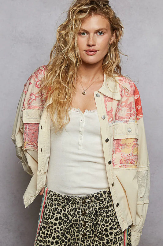 Image of POL Printed Woven Mix Raw Hem Jacket with Lace Detail | Queeble.shop