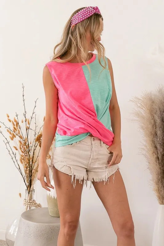 Image of BiBi Slub Terry Color Block Twisted Top | Queeble.shop