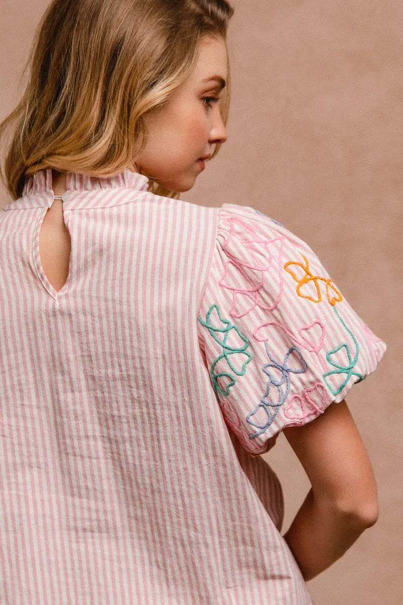 Image of BiBi Embroidery Bubble Sleeve Top With Bottom Scallop Detail | Queeble.shop