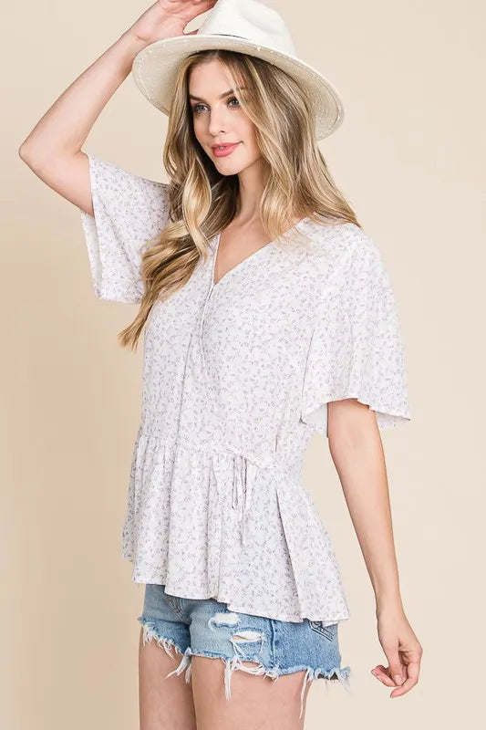 Image of Lime 'N' Chili Ditsy Print V-Neck Short Sleeve Wrap Blouse | Queeble.shop