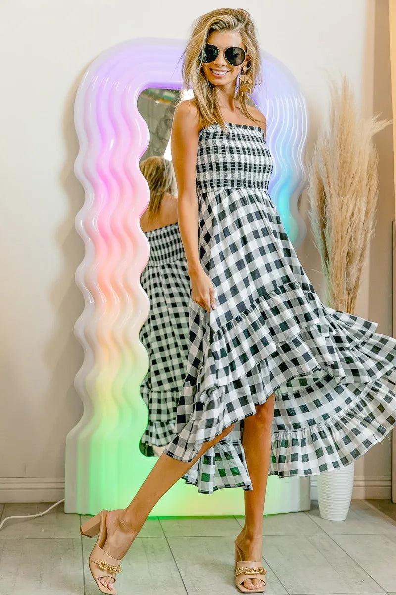 Image of BiBi Smocked Body Off Shoulder Check Dress | Queeble.shop