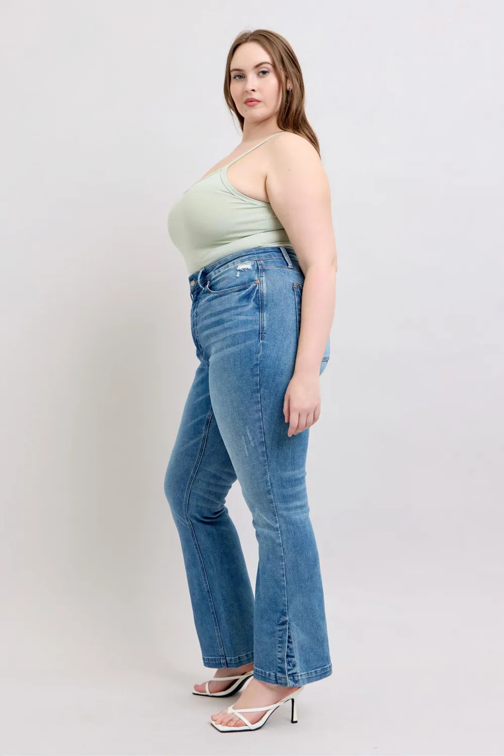 Image of Judy Blue HW Tummy Control Vintage Wash Side Slit Slim Boot Jeans | Queeble.shop