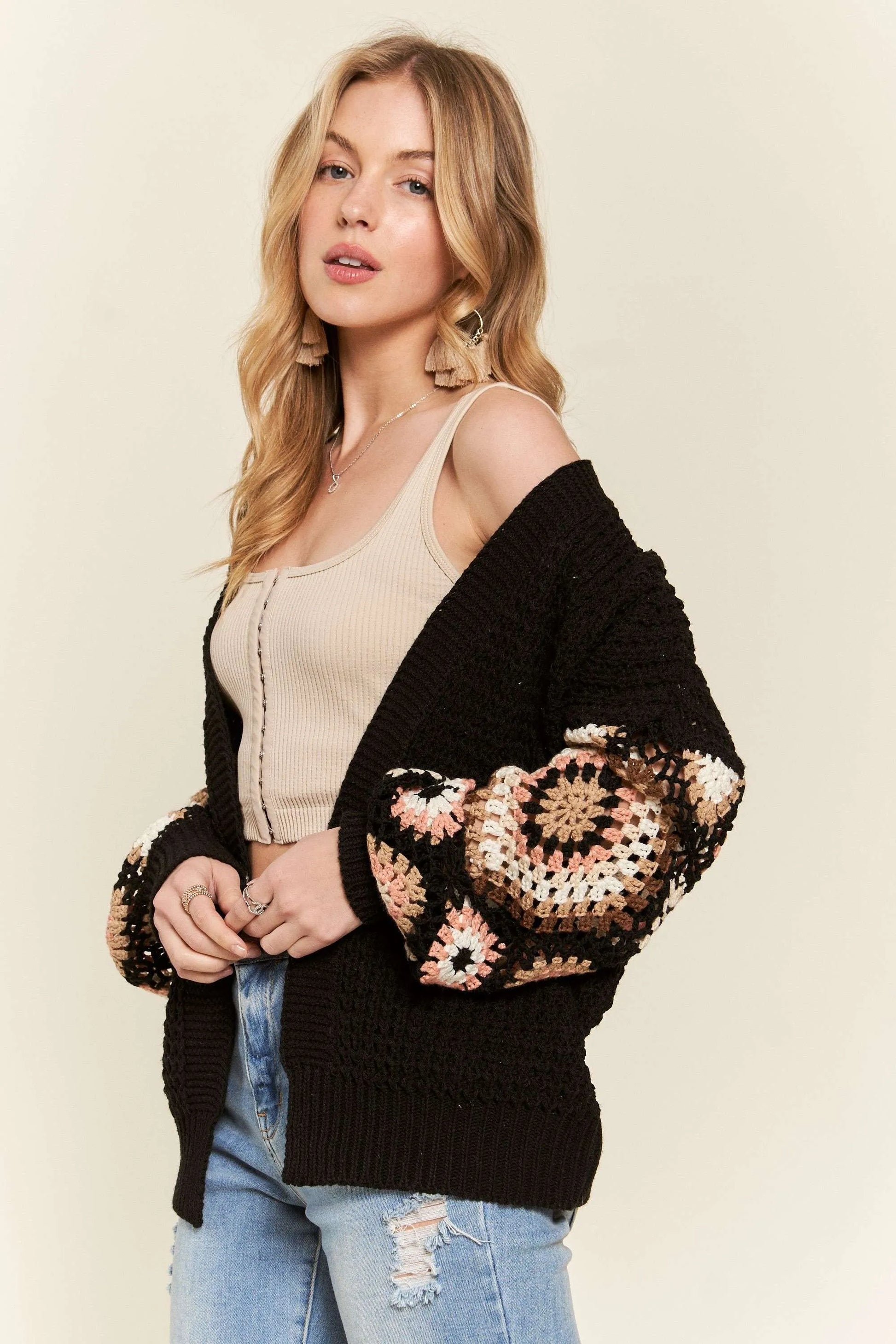 Image of ADORA Multi Color Sleeve Crochet Cardigan | Queeble.shop