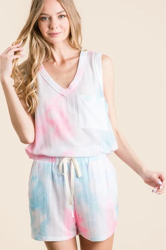 Image of BiBi Tie Dye Textured Knit Top and Shorts Set | Queeble.shop