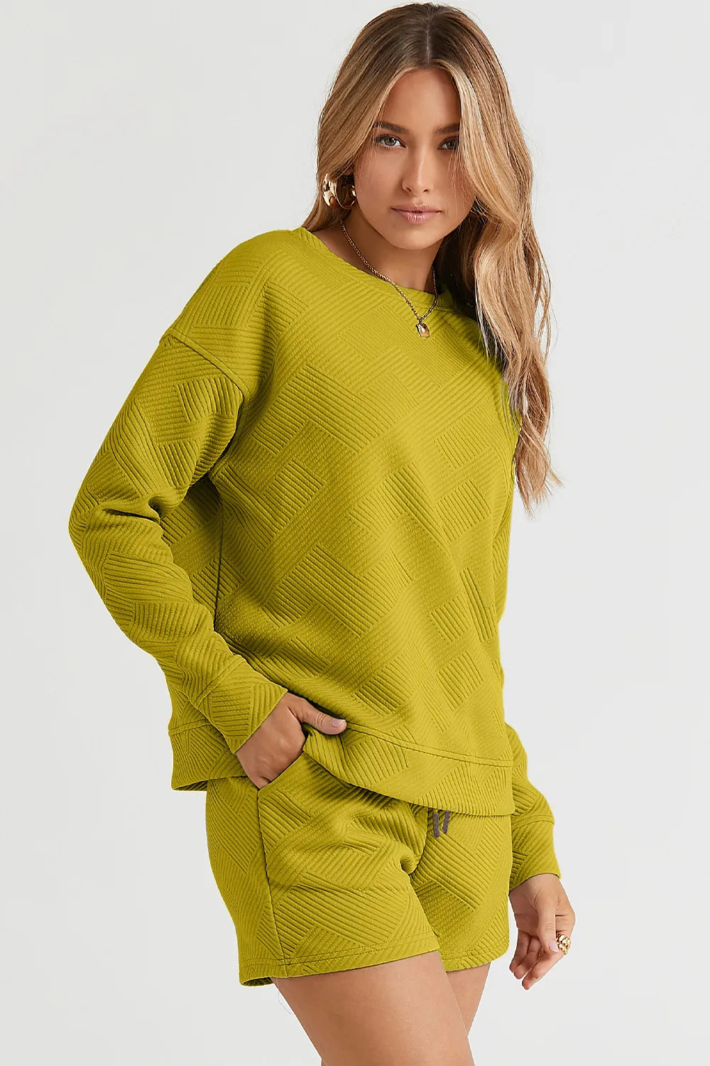 Image of Double Take Full Size Texture Long Sleeve Top and Drawstring Shorts Set | Queeble.shop