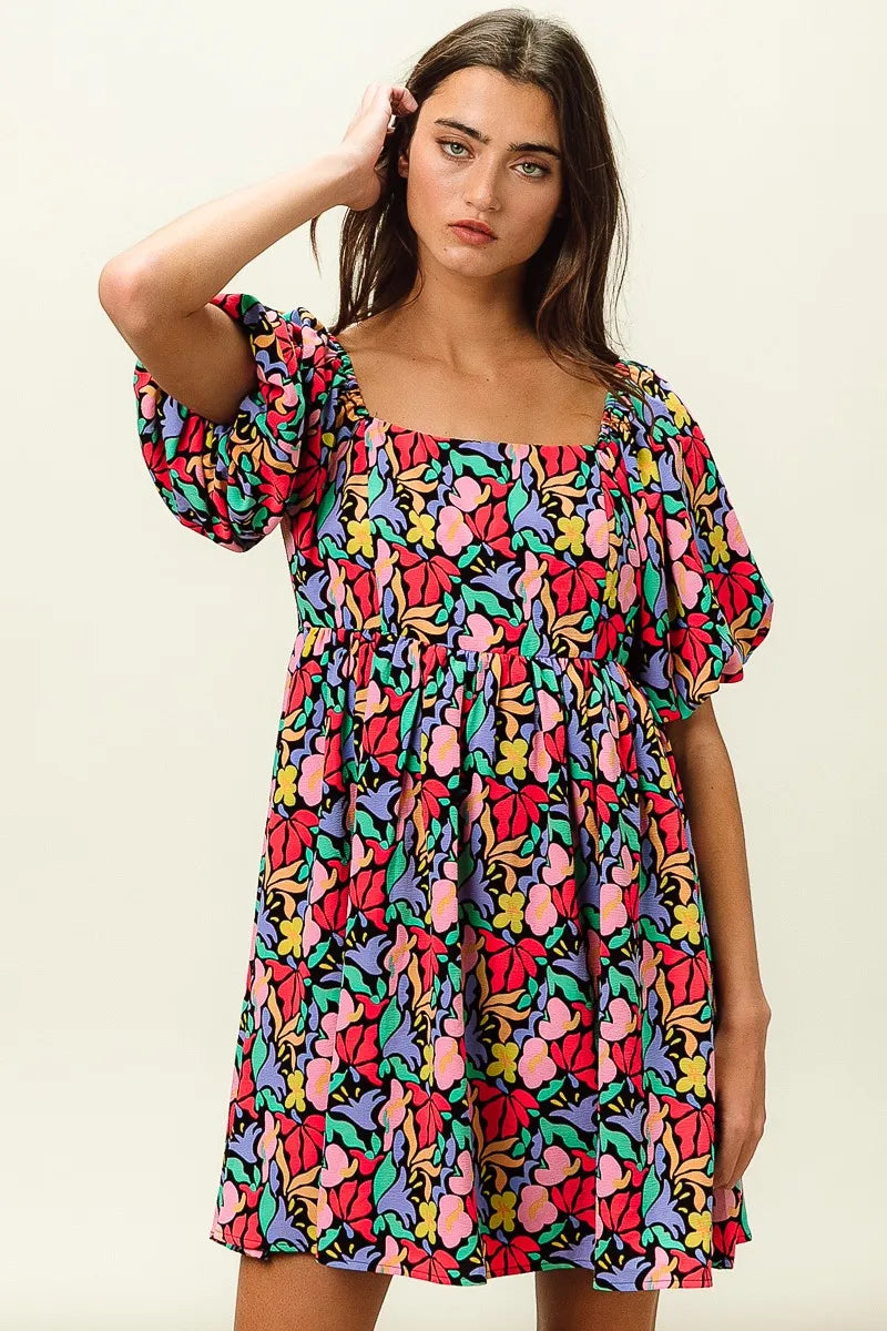 Image of BiBi Floral Print Puff Square Neck Dress | Queeble.shop