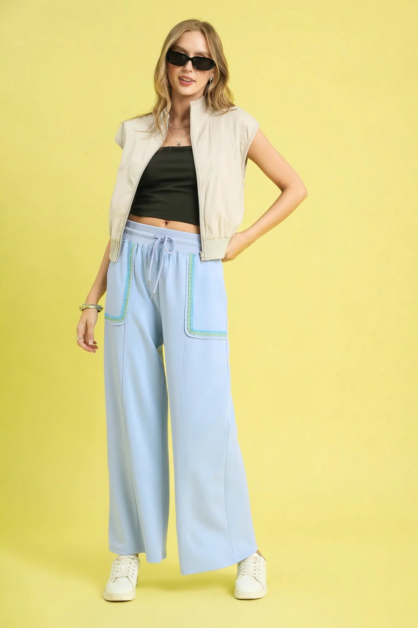 Image of Umgee Drawstring Wide Leg Pants with Scallop Trim Detail | Queeble.shop