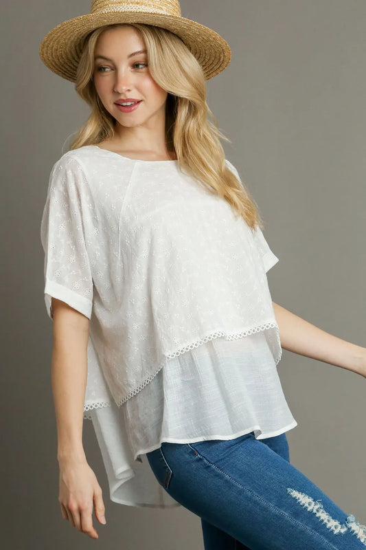 Image of Umgee Full Size Eyelet Layered Short Sleeve Blouse Plus Size | Queeble.shop