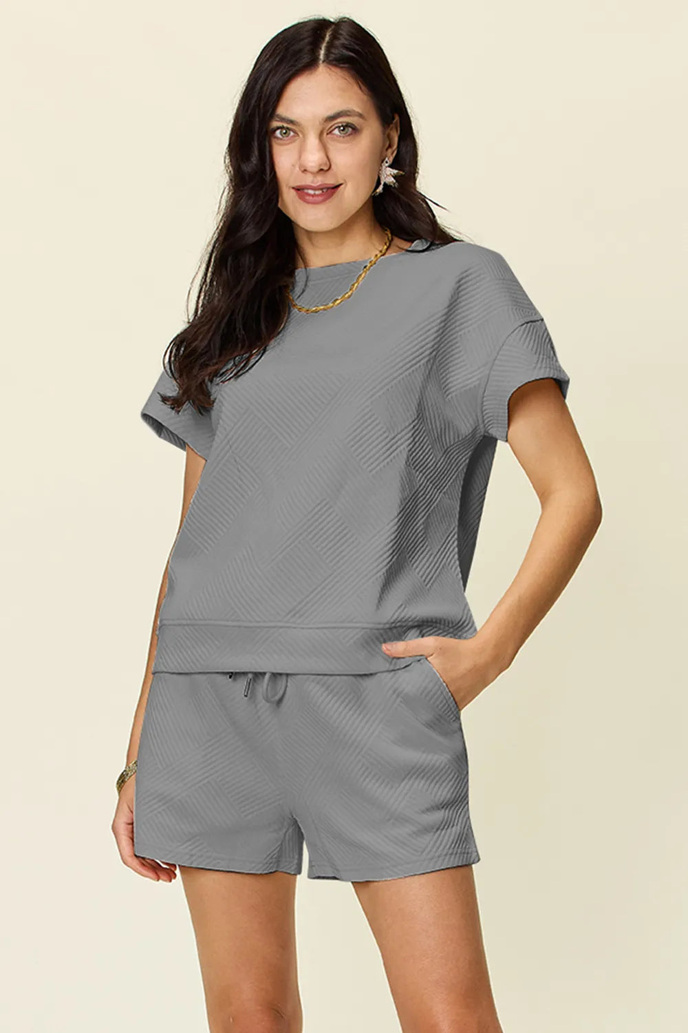 Image of Double Take Full Size Texture Short Sleeve T-Shirt and Drawstring Shorts Set | Queeble.shop