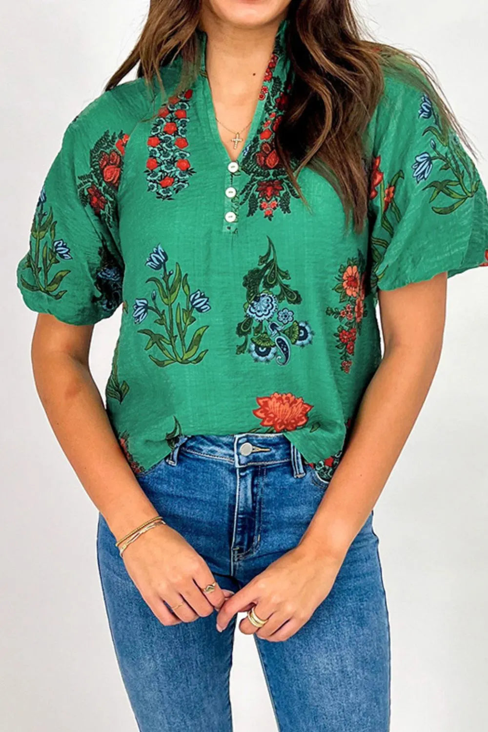 Image of Floral Print Notched Short Sleeve Blouse | Queeble.shop