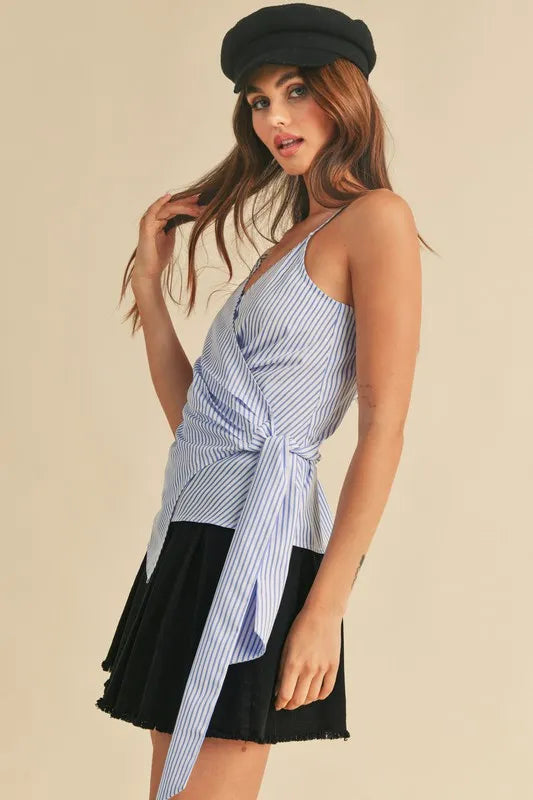 Image of Aemi + Co Side Knotted Surplice Striped Cami | Queeble.shop