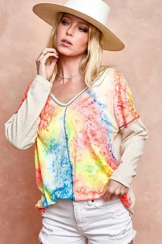 Image of BiBi Print Block V Neck Top with Contrast Stitching | Queeble.shop