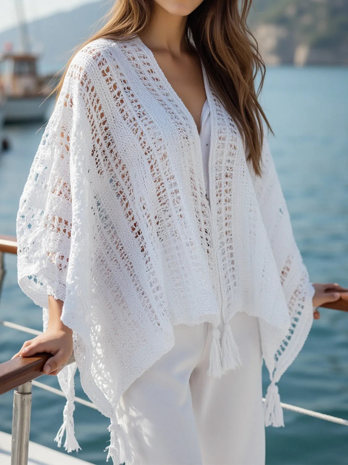 Image of Openwork Tassel Open Front Knit Cover Up | Queeble.shop