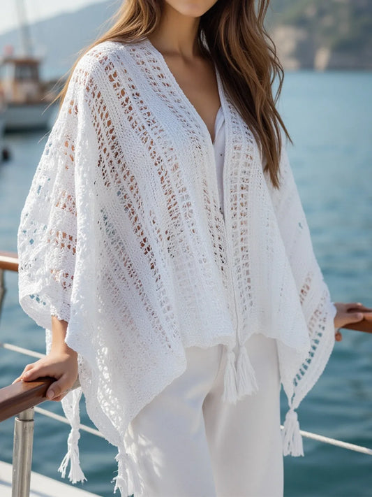 Image of Openwork Tassel Open Front Knit Cover Up | Queeble.shop
