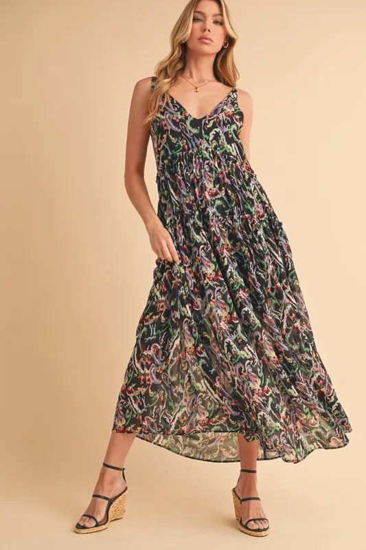 Image of Aemi + Co Printed V-Neck Frill Tiered Cami Dress | Queeble.shop