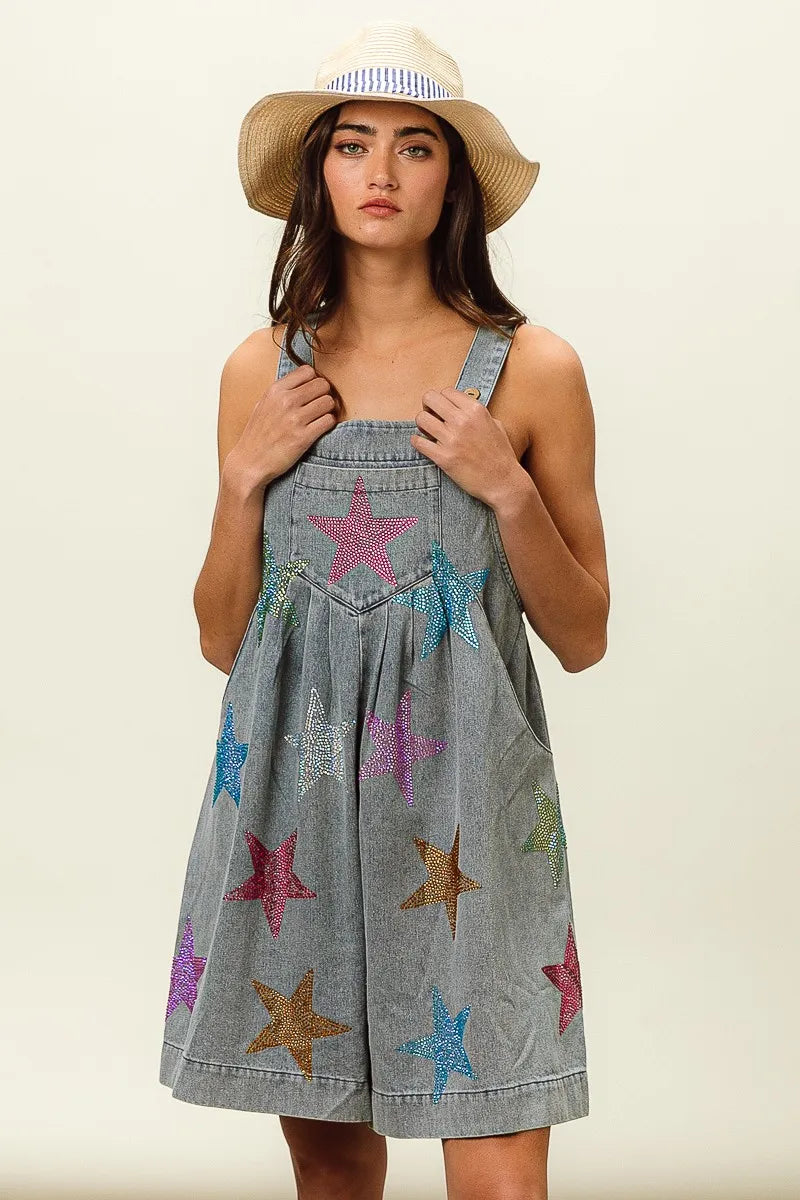 Image of BiBi Star Rhinestone Washed Wide Leg Shortalls | Queeble.shop