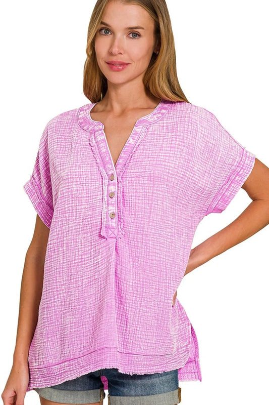 Image of Zenana Washed Double Gauze 3/4 Button Henley Neck Shirt | Queeble.shop