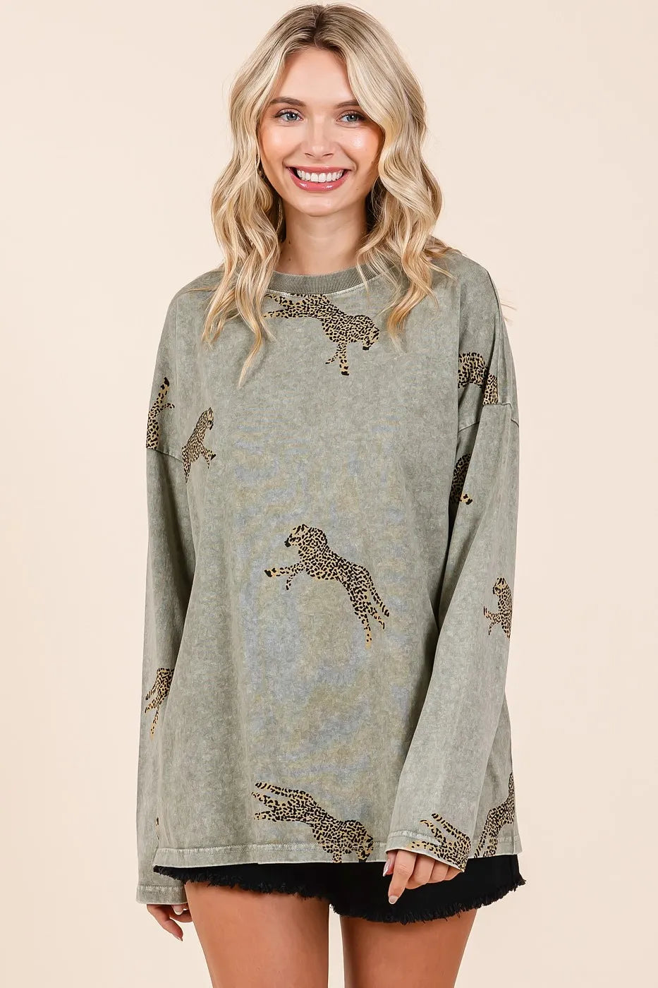Image of Mittoshop Mineral Wash Cheetah Print Long Sleeve Top | Queeble.shop