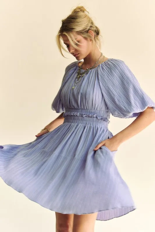 Image of Davi & Dani Back Button Puff Sleeve Mini Dress | Queeble.shop