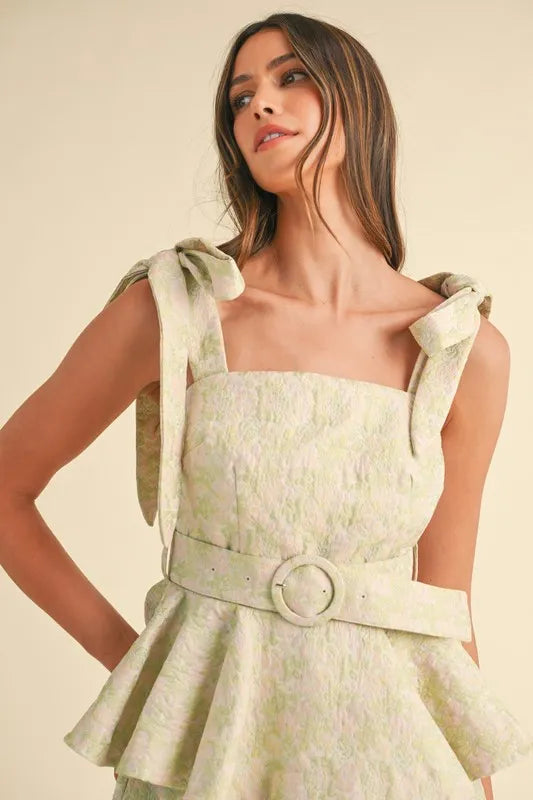 Image of MABLE Jacquard Floral Peplum Top and Flare Shorts Set | Queeble.shop
