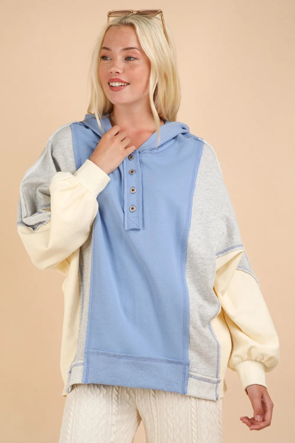 Image of VERY J Exposed Seam Color Block Half Button Hoodie | Queeble.shop