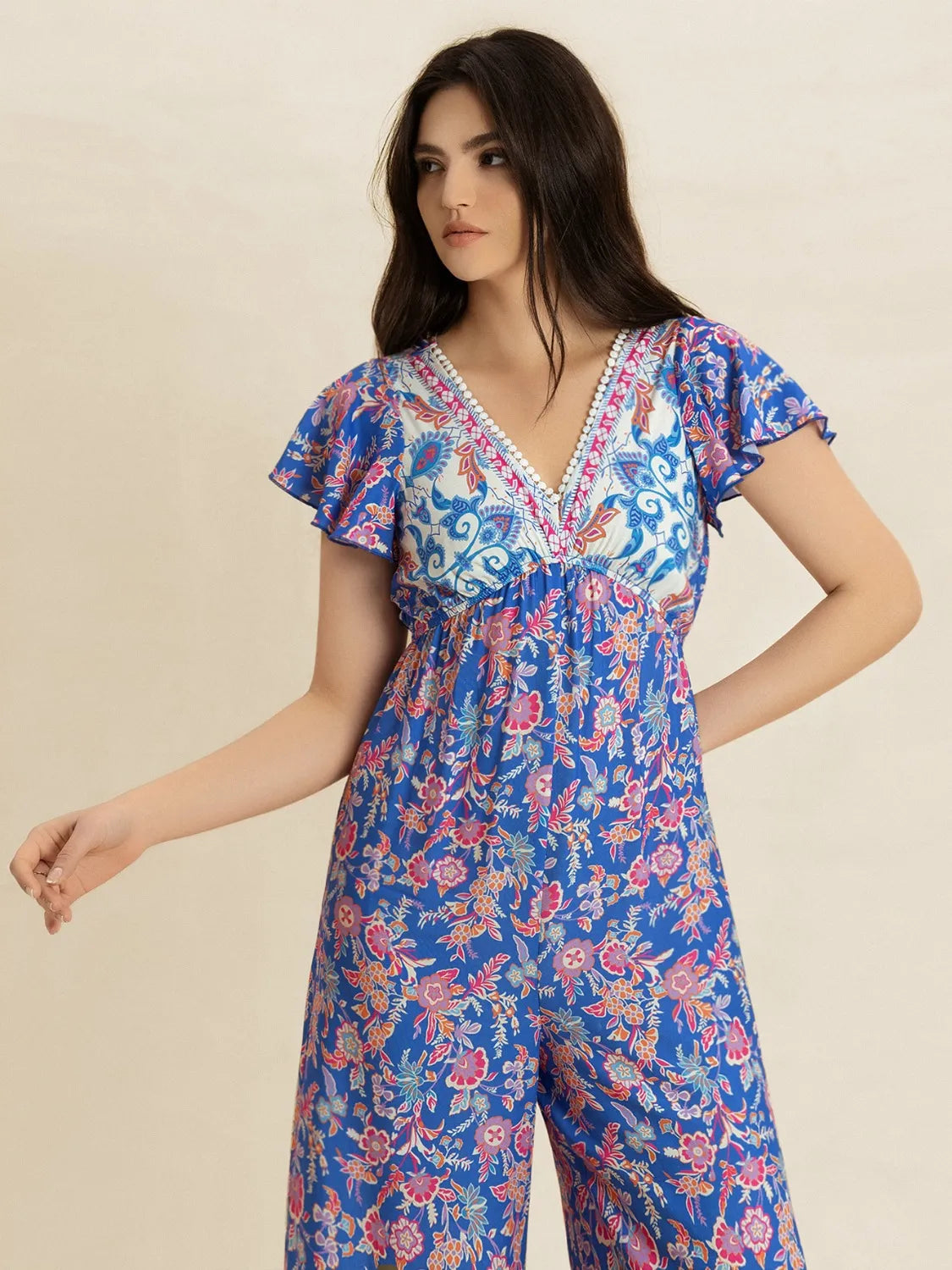 Image of Printed V-Neck Wide Leg Jumpsuit | Queeble.shop