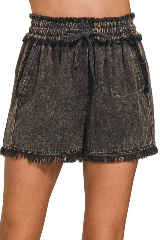 Image of Zenana Mineral Frayed Hem Washed Shorts | Queeble.shop