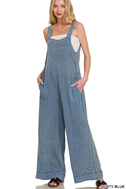 Image of Zenana Double Gauze Washed Wide Leg Overalls | Queeble.shop