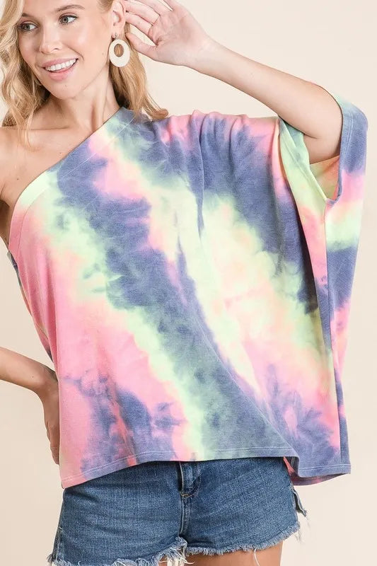 Image of BiBi Tie Dye French Terry One Shoulder Top with Dolman | Queeble.shop