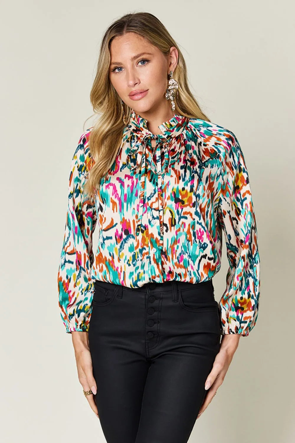 Image of Double Take Full Size Printed Button Up Long Sleeve Shirt | Queeble.shop