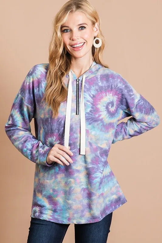 Image of BiBi Brushed Circular Tie Dye Print Terry Hoodie | Queeble.shop