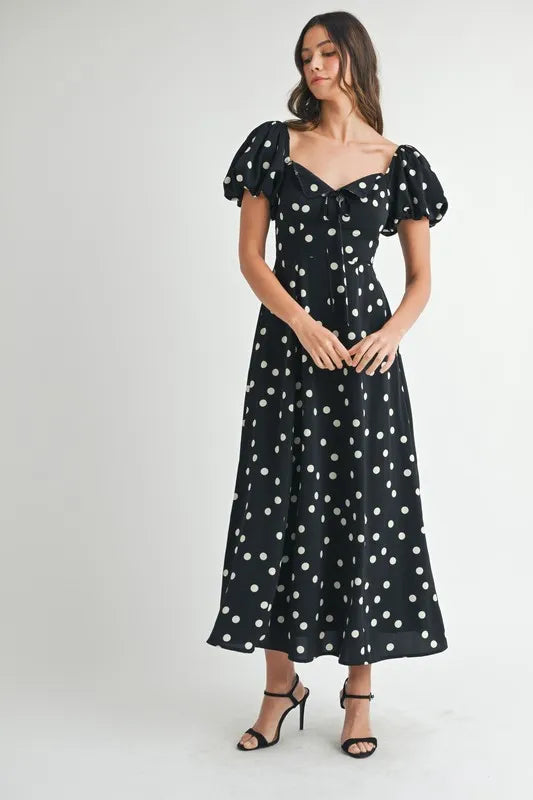 Image of MABLE Polka Dot Puff Sleeve Midi Dress | Queeble.shop
