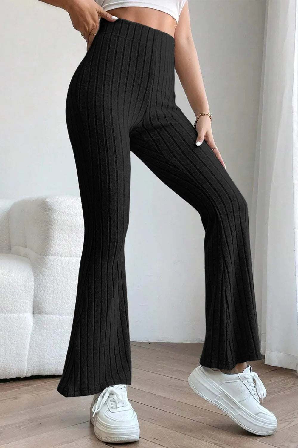 Image of Basic Bae Full Size Ribbed High Waist Flare Pants | Queeble.shop