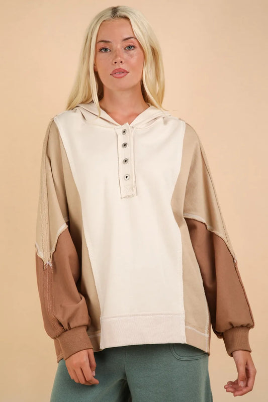 Image of VERY J Exposed Seam Color Block Half Button Hoodie | Queeble.shop