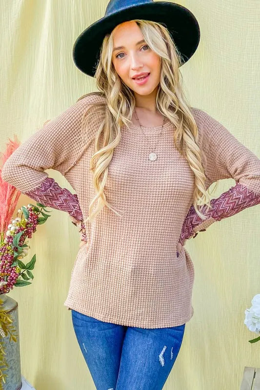 Image of And The Why Button Detail Printed Sleeve Waffle Knit Top | Queeble.shop