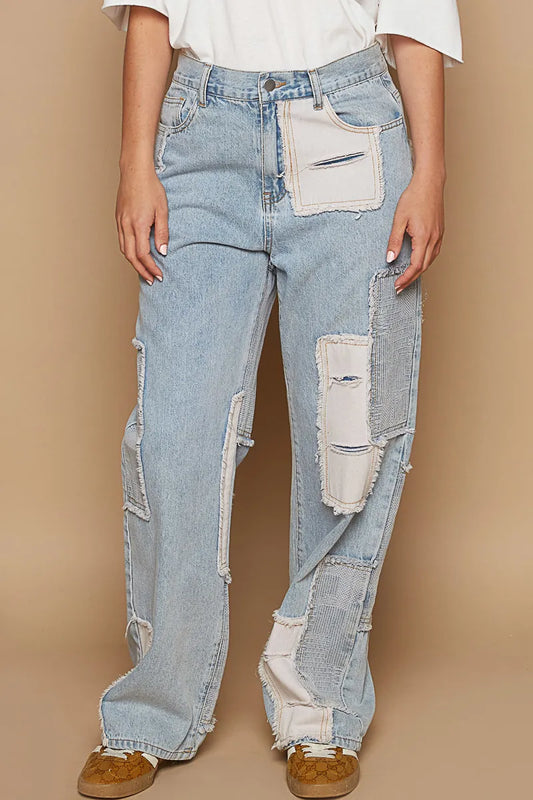 Image of POL Contrast Patched Raw Hem Straight Jeans | Queeble.shop