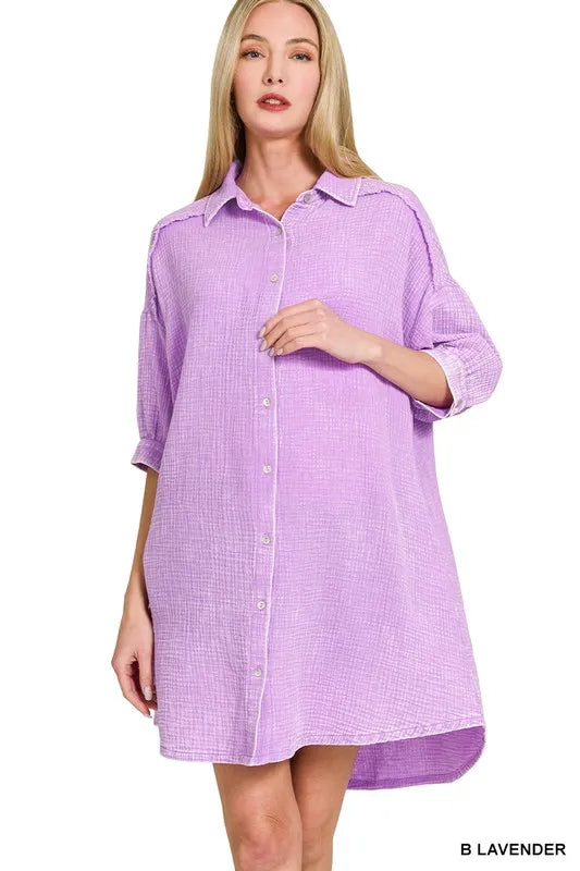 Image of Zenana Washed Double Gauze Button Down Shirt Dress | Queeble.shop