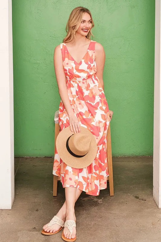 Image of Lime 'N' Chili Sleeveless Floral Print V-Neck Midi Dress | Queeble.shop