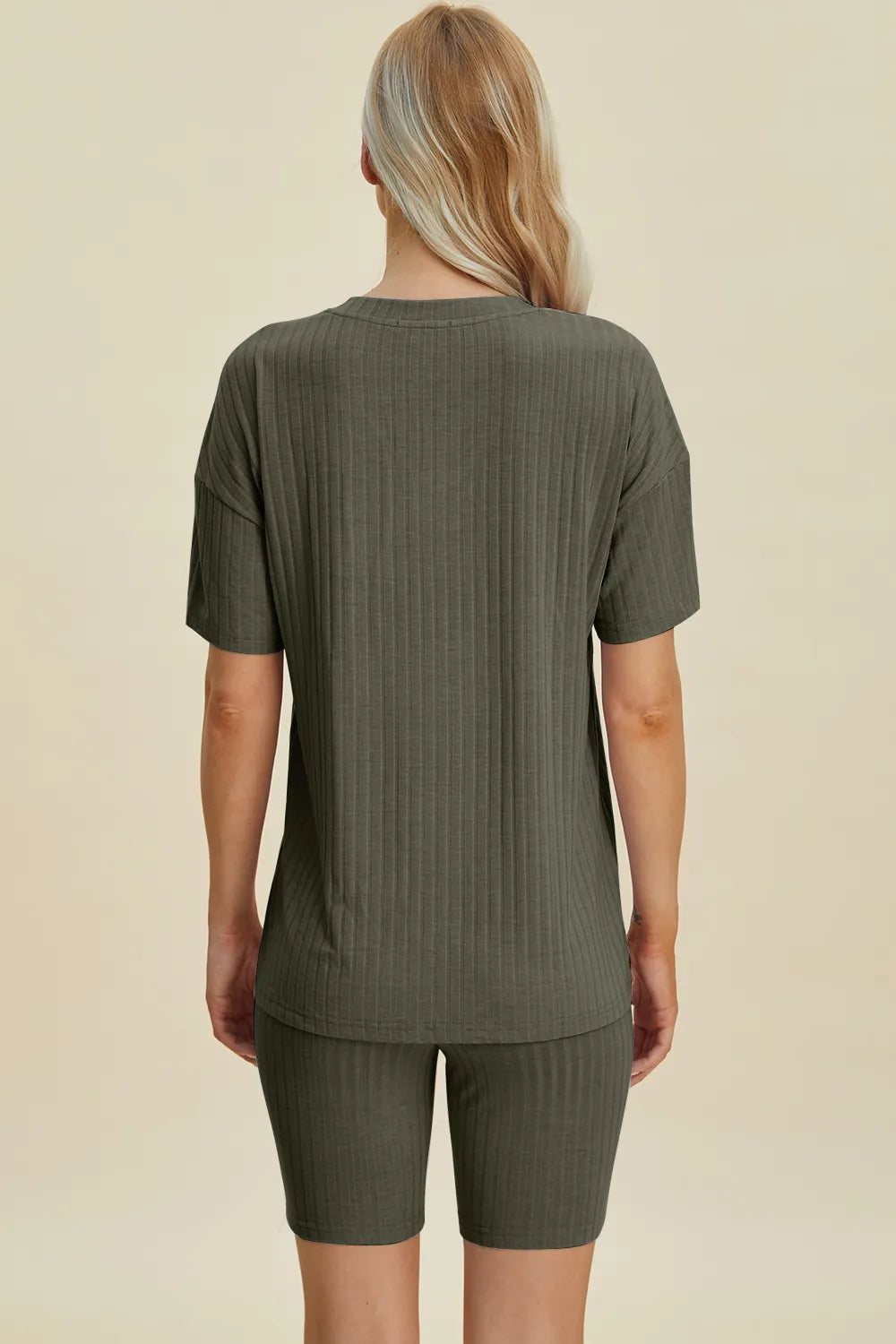 Image of Basic Bae Full Size Ribbed V-Neck Short Sleeve Top and Shorts Set | Queeble.shop